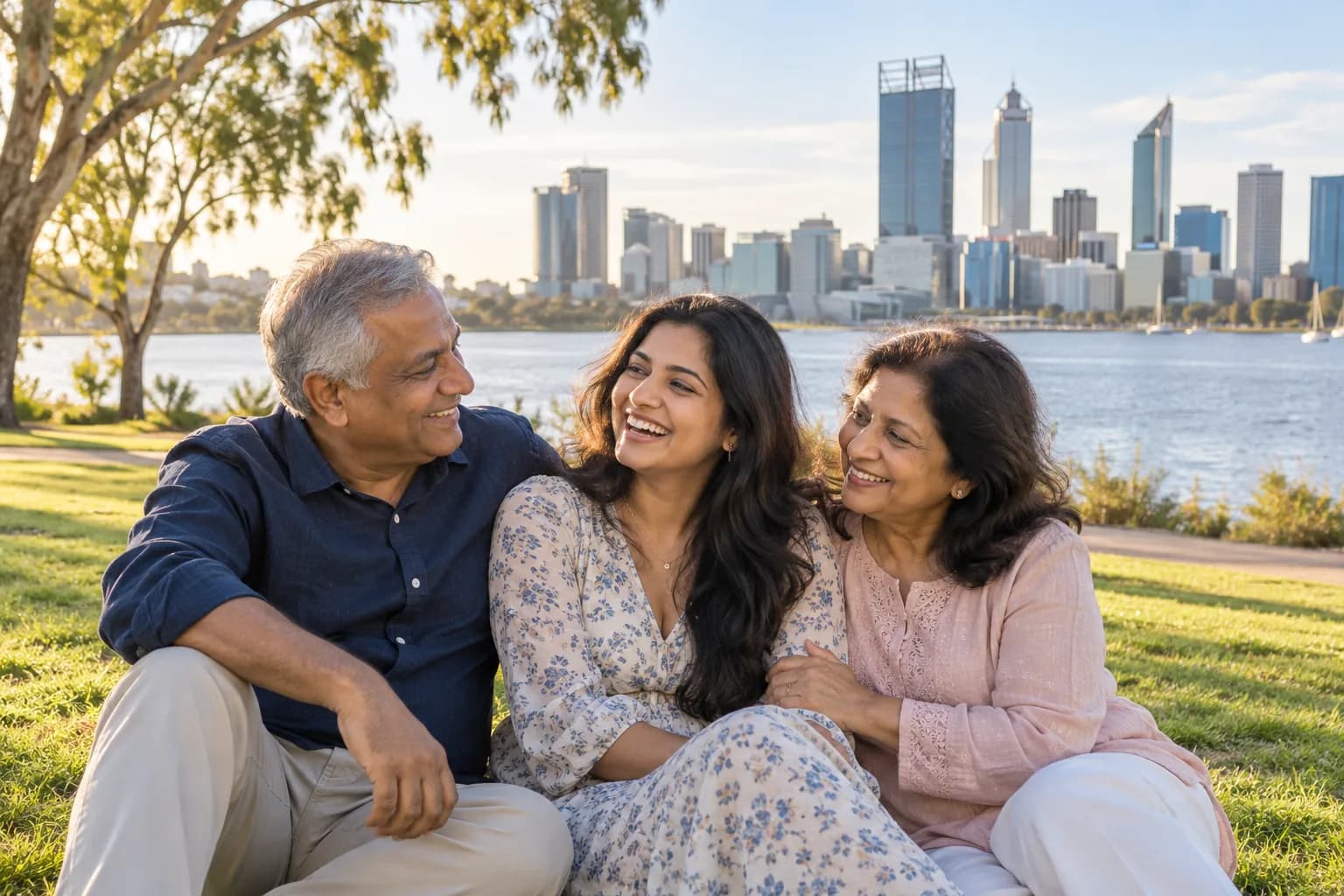 Parents and their adult daughter together in an Australian waterfront park