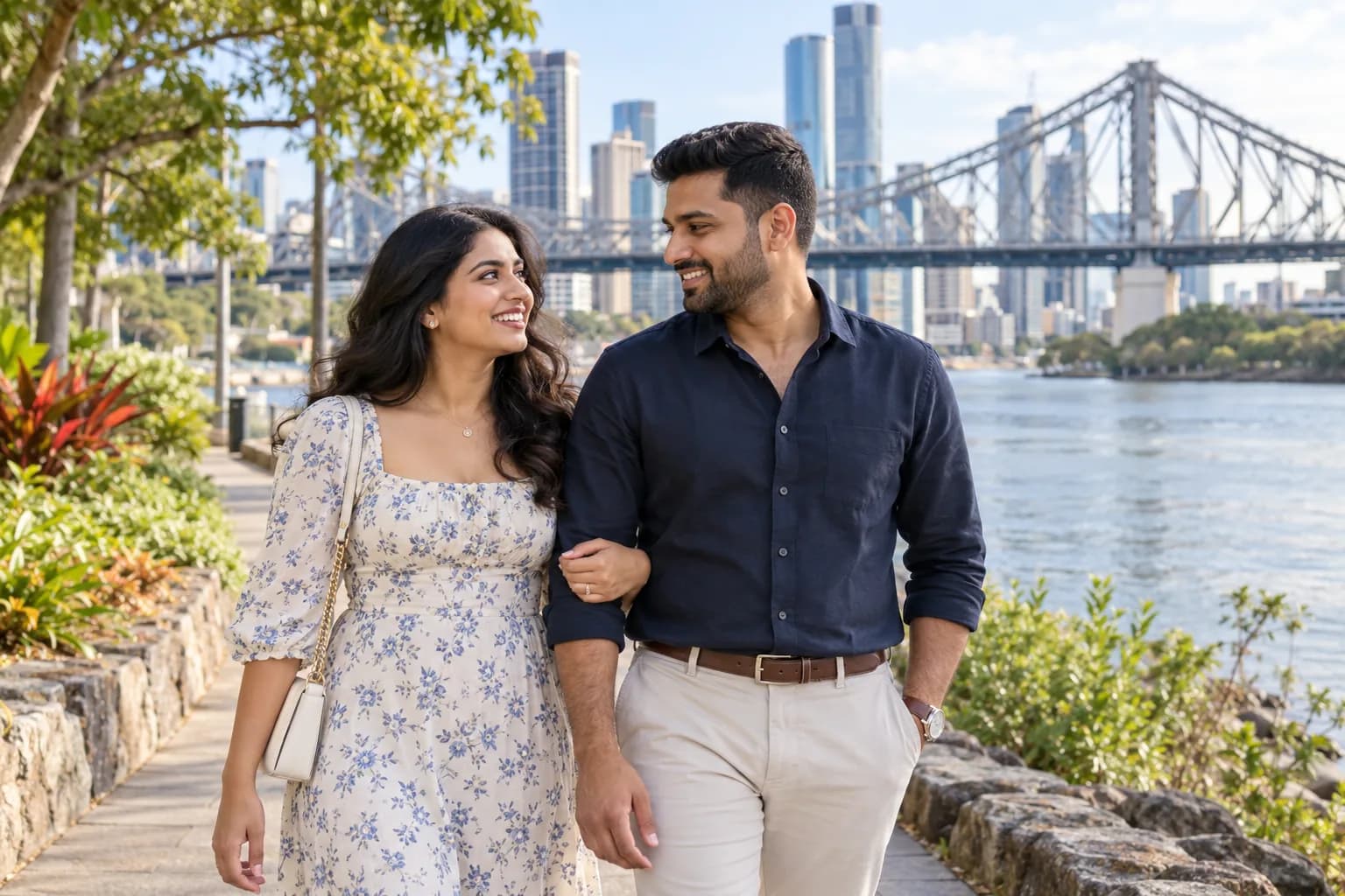 Couple walking together by an Australian harbour