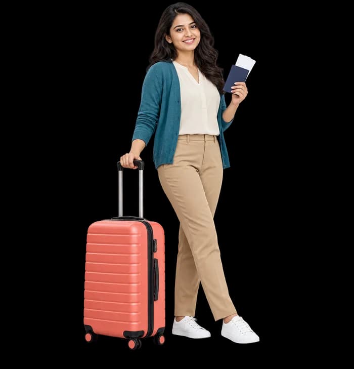 Woman ready to travel with her suitcase and passport
