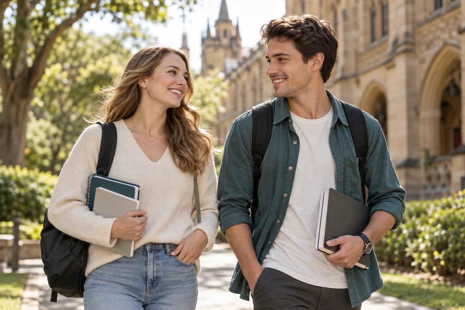Two university students with notebooks and backpacks on an Australian campus